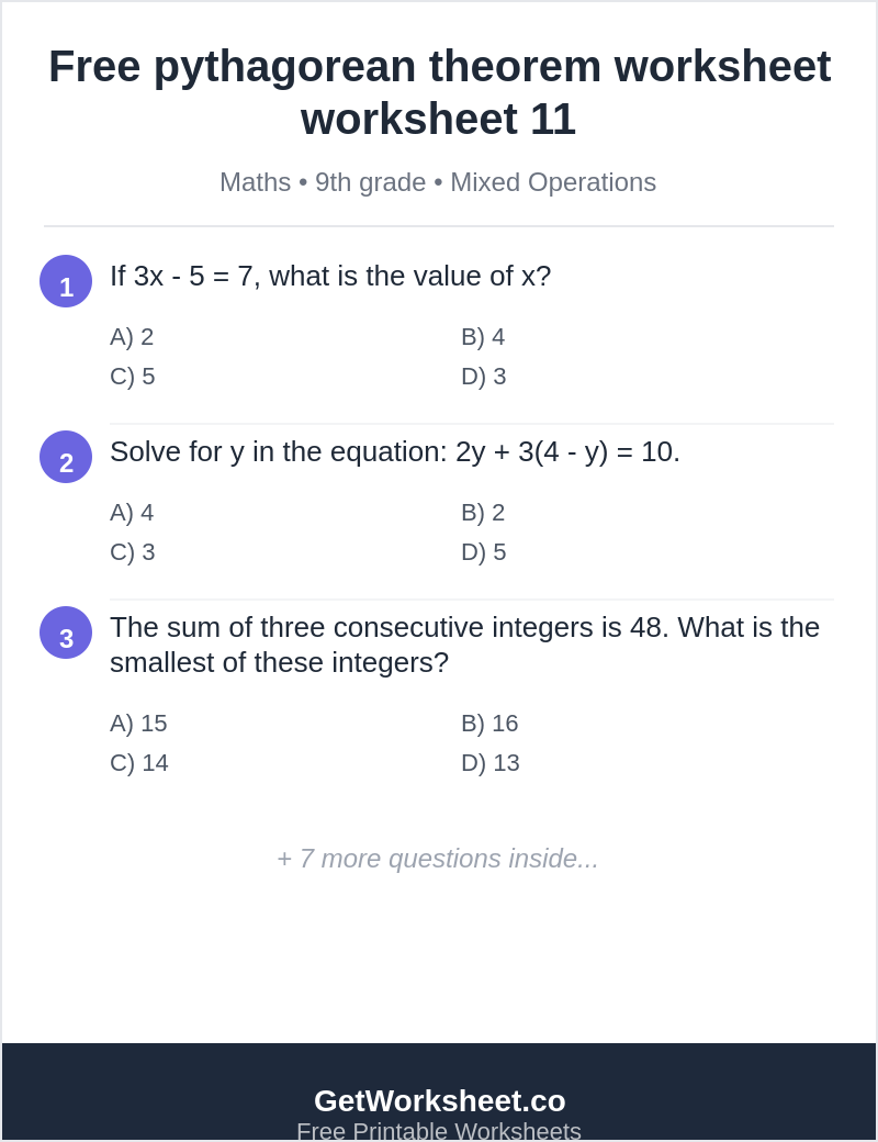Free pythagorean theorem worksheet worksheet 11