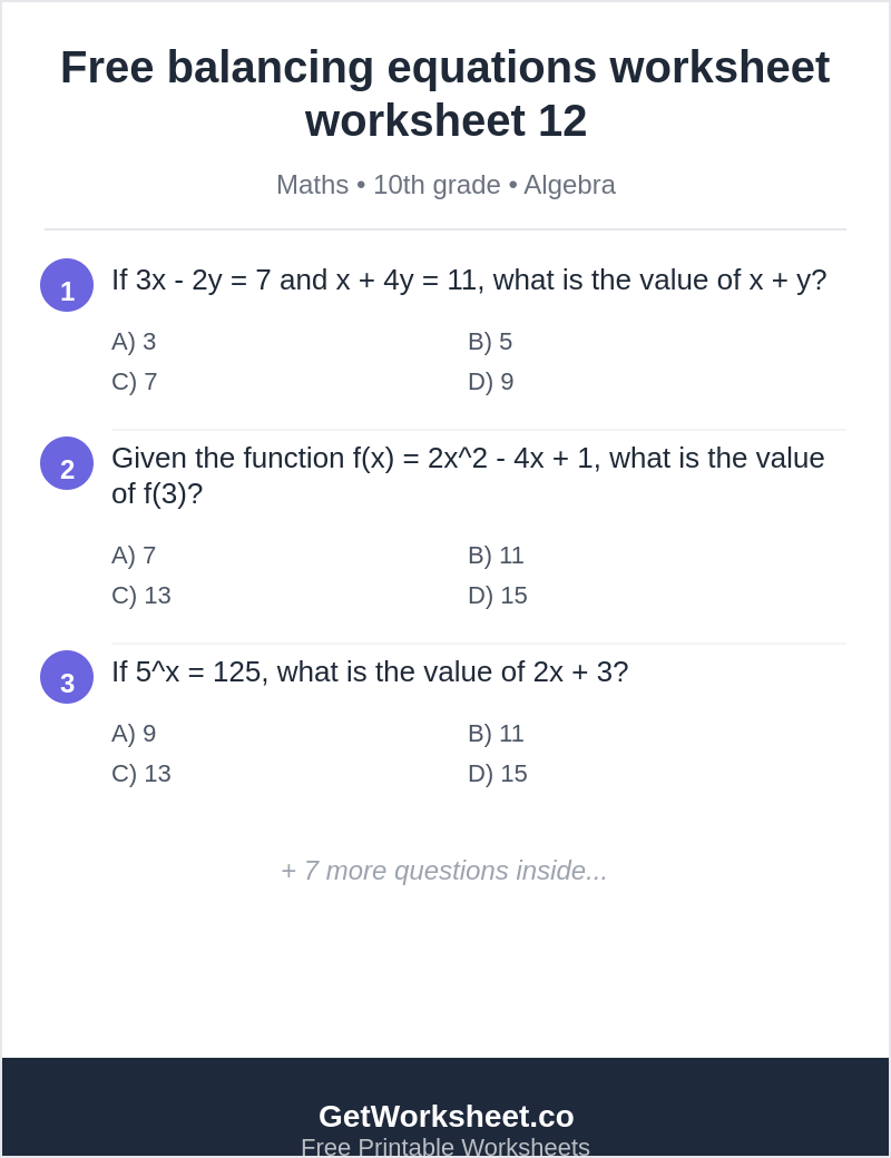 Free balancing equations worksheet worksheet 12