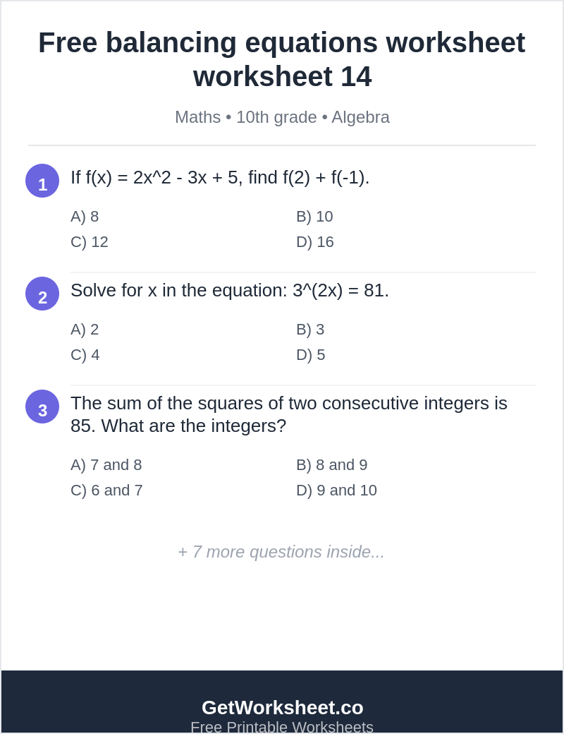 Free balancing equations worksheet worksheet 14