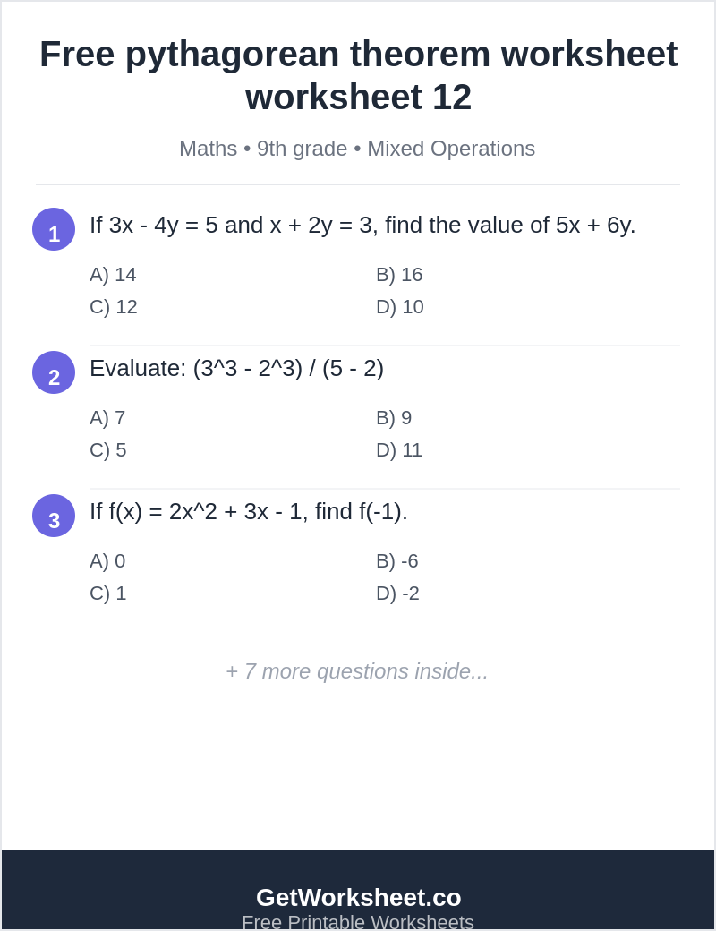 Free pythagorean theorem worksheet worksheet 12