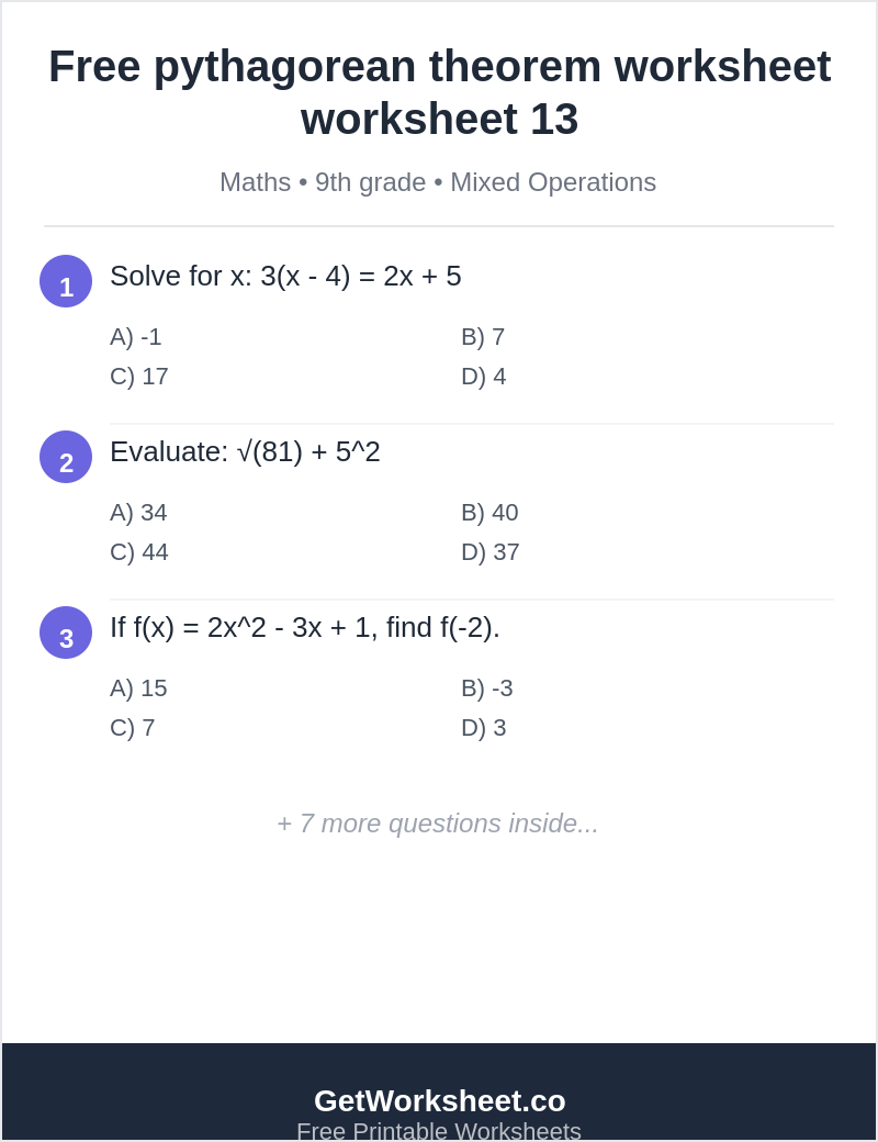 Free pythagorean theorem worksheet worksheet 13