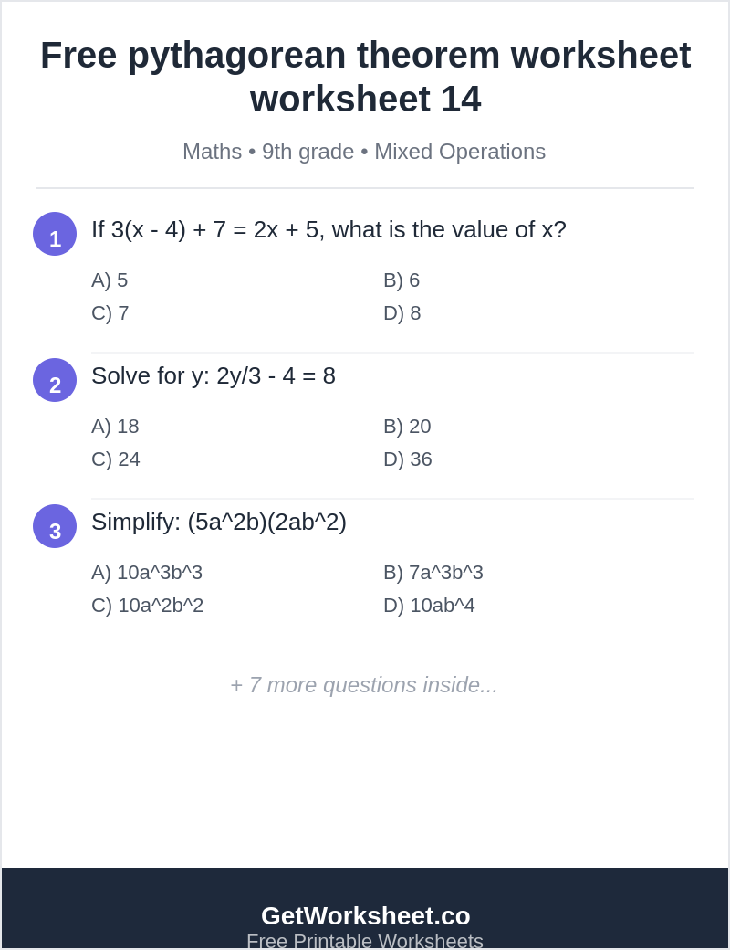 Free pythagorean theorem worksheet worksheet 14