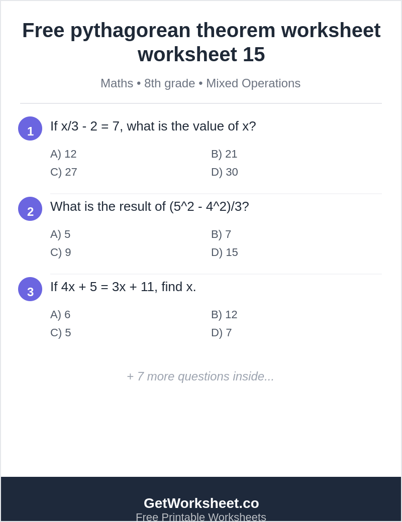 Free pythagorean theorem worksheet worksheet 15