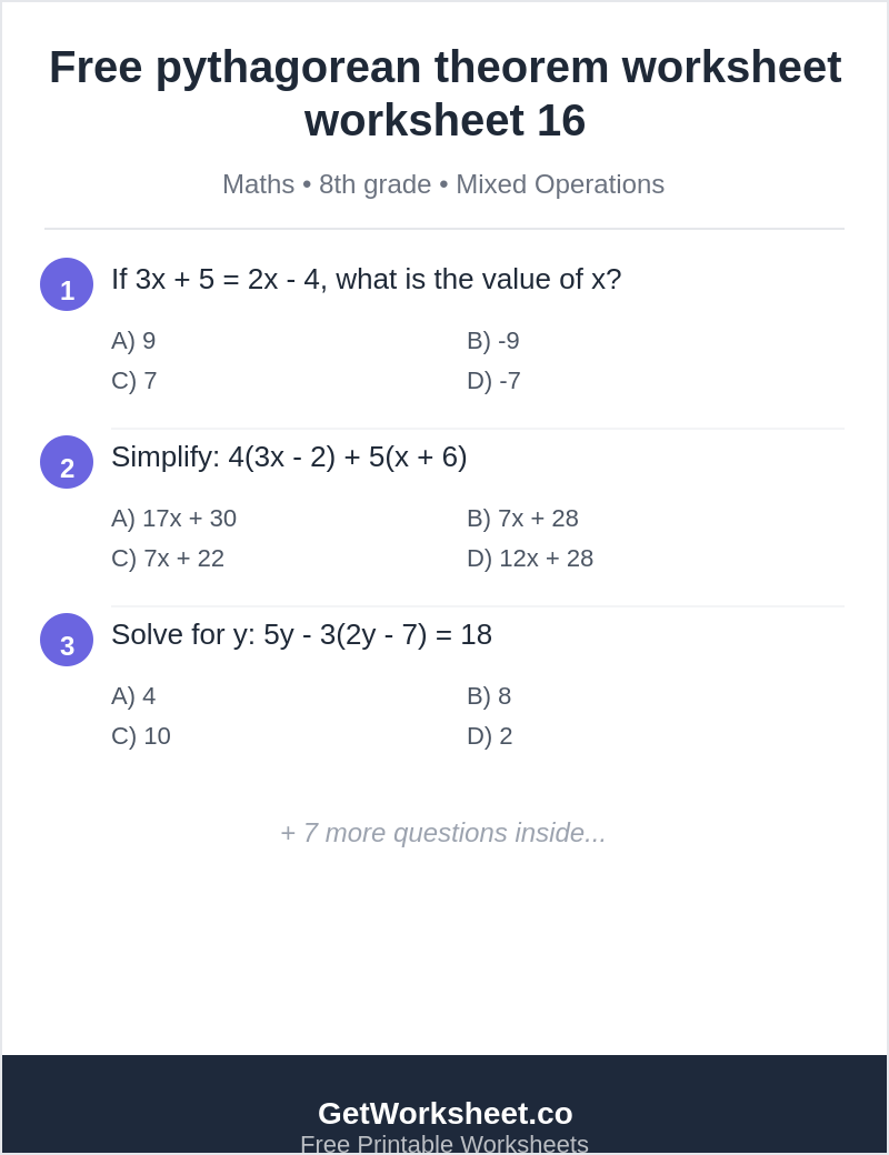Free pythagorean theorem worksheet worksheet 16