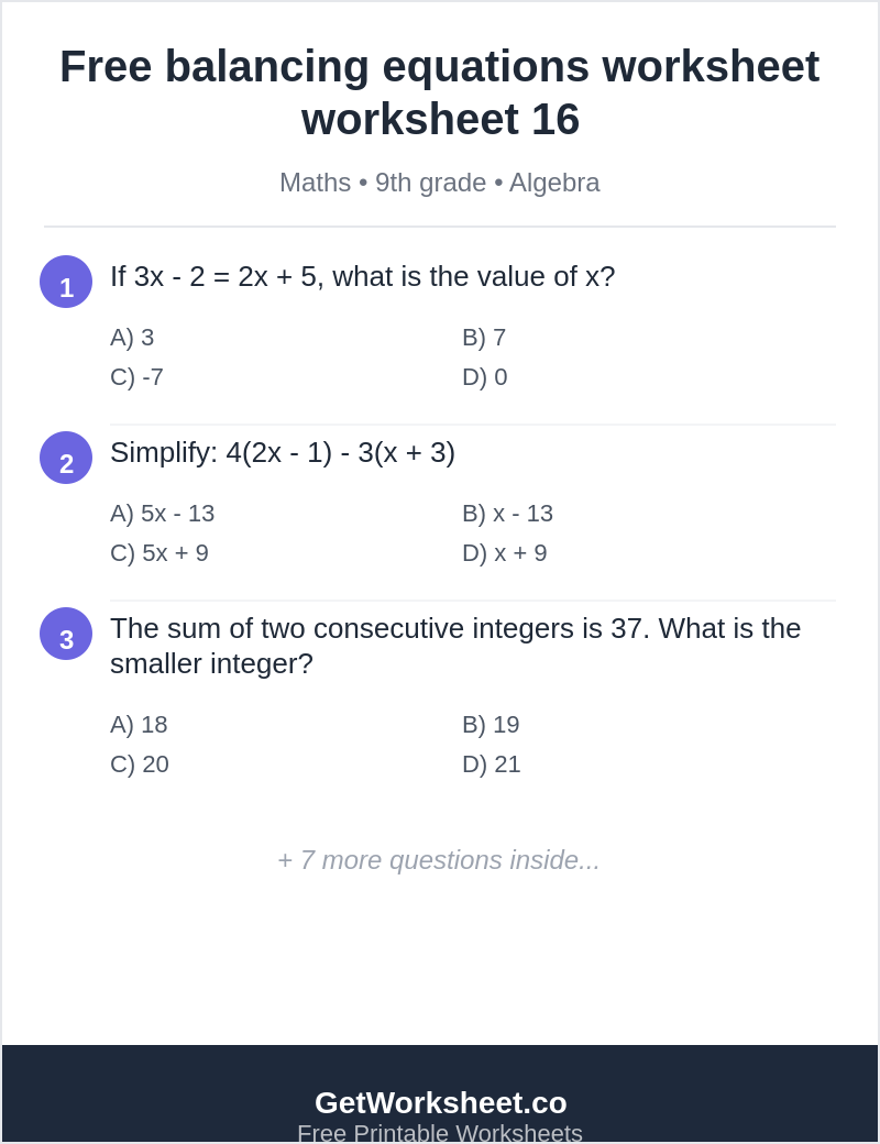 Free balancing equations worksheet worksheet 16