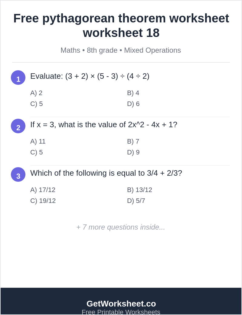 Free pythagorean theorem worksheet worksheet 18