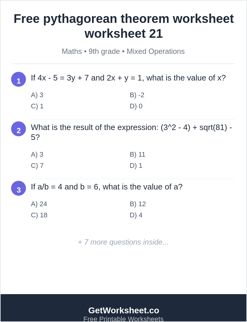 Free pythagorean theorem worksheet worksheet 21