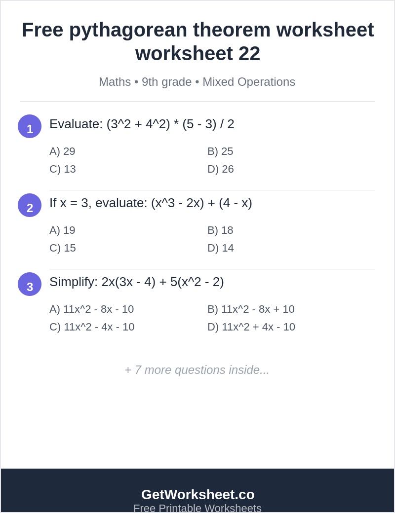 Free pythagorean theorem worksheet worksheet 22