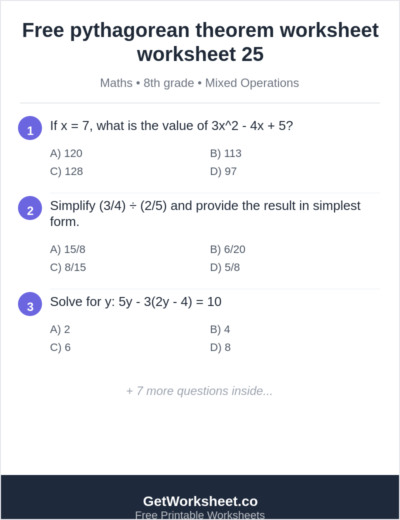 Free pythagorean theorem worksheet worksheet 25