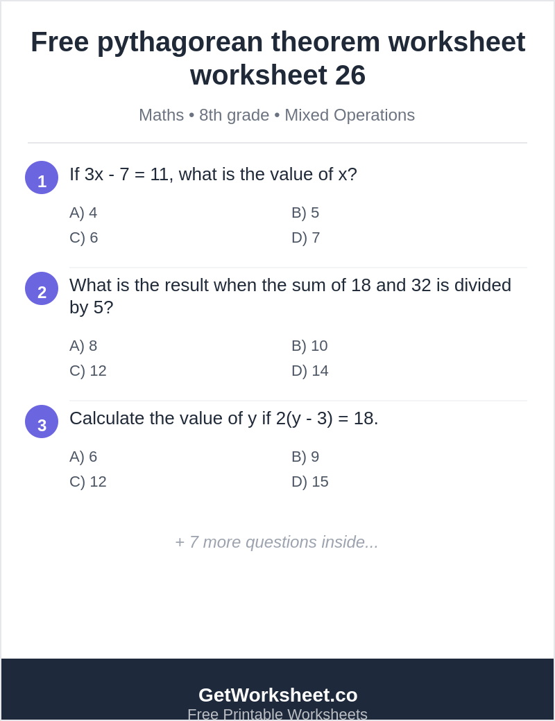 Free pythagorean theorem worksheet worksheet 26