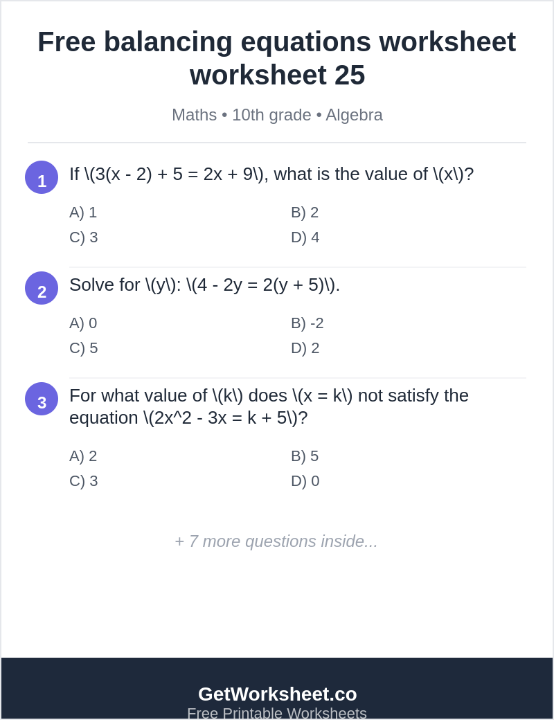Free balancing equations worksheet worksheet 25