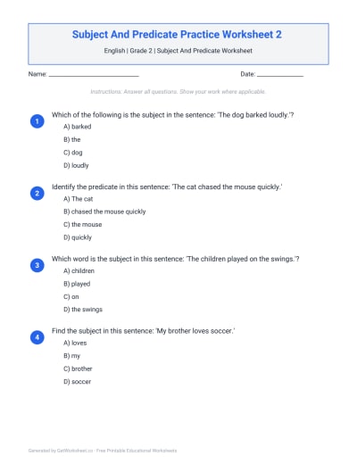 Subject And Predicate Practice Worksheet 2 
