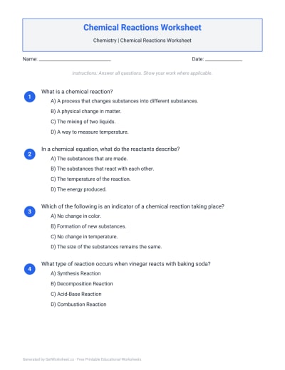 Chemical Reactions Worksheets