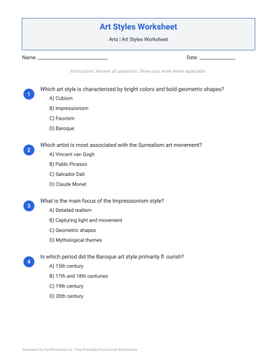 Art Styles Worksheet