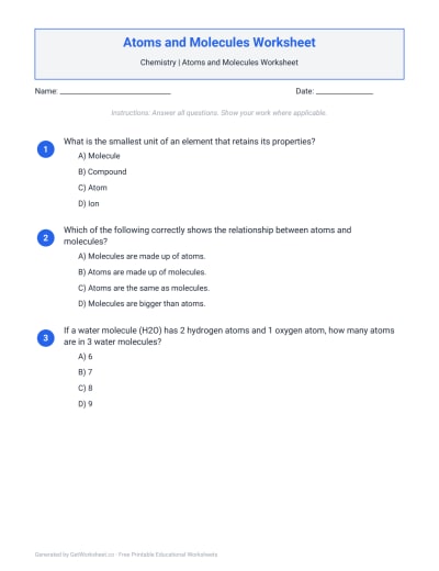 Atoms and Molecules Worksheets