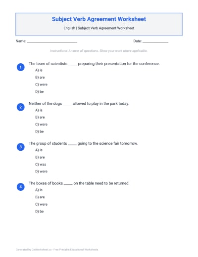 Subject Verb Agreement Worksheets
