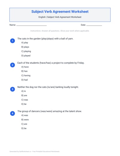 Subject Verb Agreement Worksheet