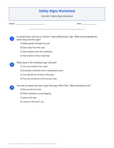 Safety Signs Worksheet