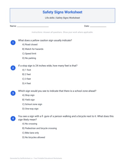 Safety Signs Worksheet