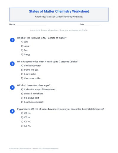 States of Matter Chemistry Worksheet