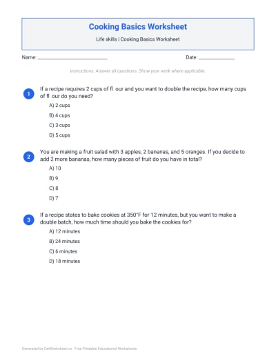 Cooking Basics Worksheets