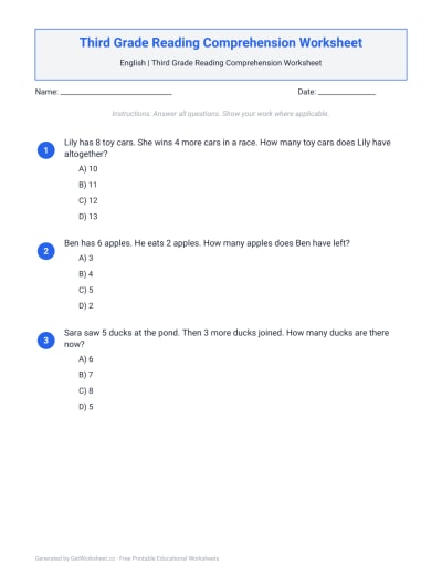 Third Grade Reading Comprehension Worksheet