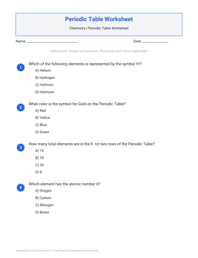 Periodic Table Worksheet