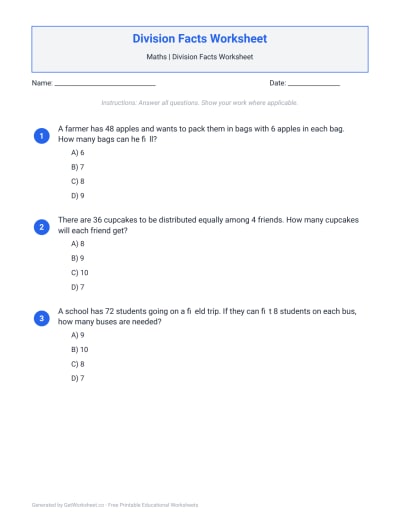 Division Facts Worksheet