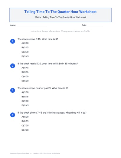 Telling Time To The Quarter Hour Worksheet