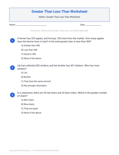 Greater Than Less Than Worksheet