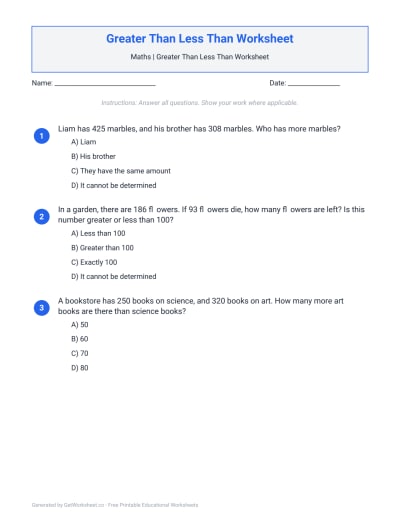 Greater Than Less Than Worksheet