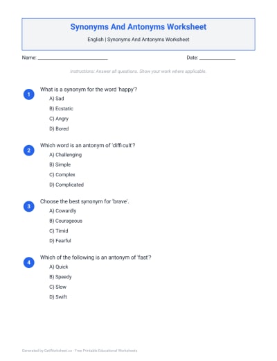 Synonyms And Antonyms Worksheets