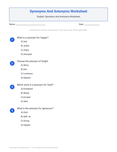 Synonyms And Antonyms Worksheet
