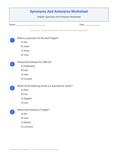 Synonyms And Antonyms Worksheet