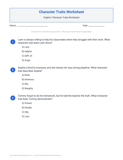 Character Traits Worksheet