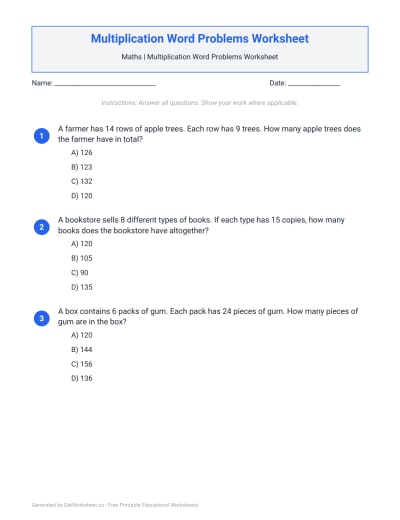 Multiplication Word Problems Worksheets