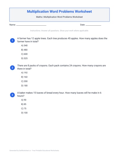 Multiplication Word Problems Worksheet
