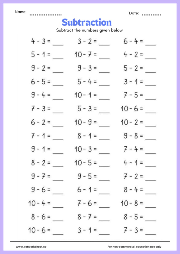 Free subtraction worksheets (within 10 and 20) – free printable worksheets preview