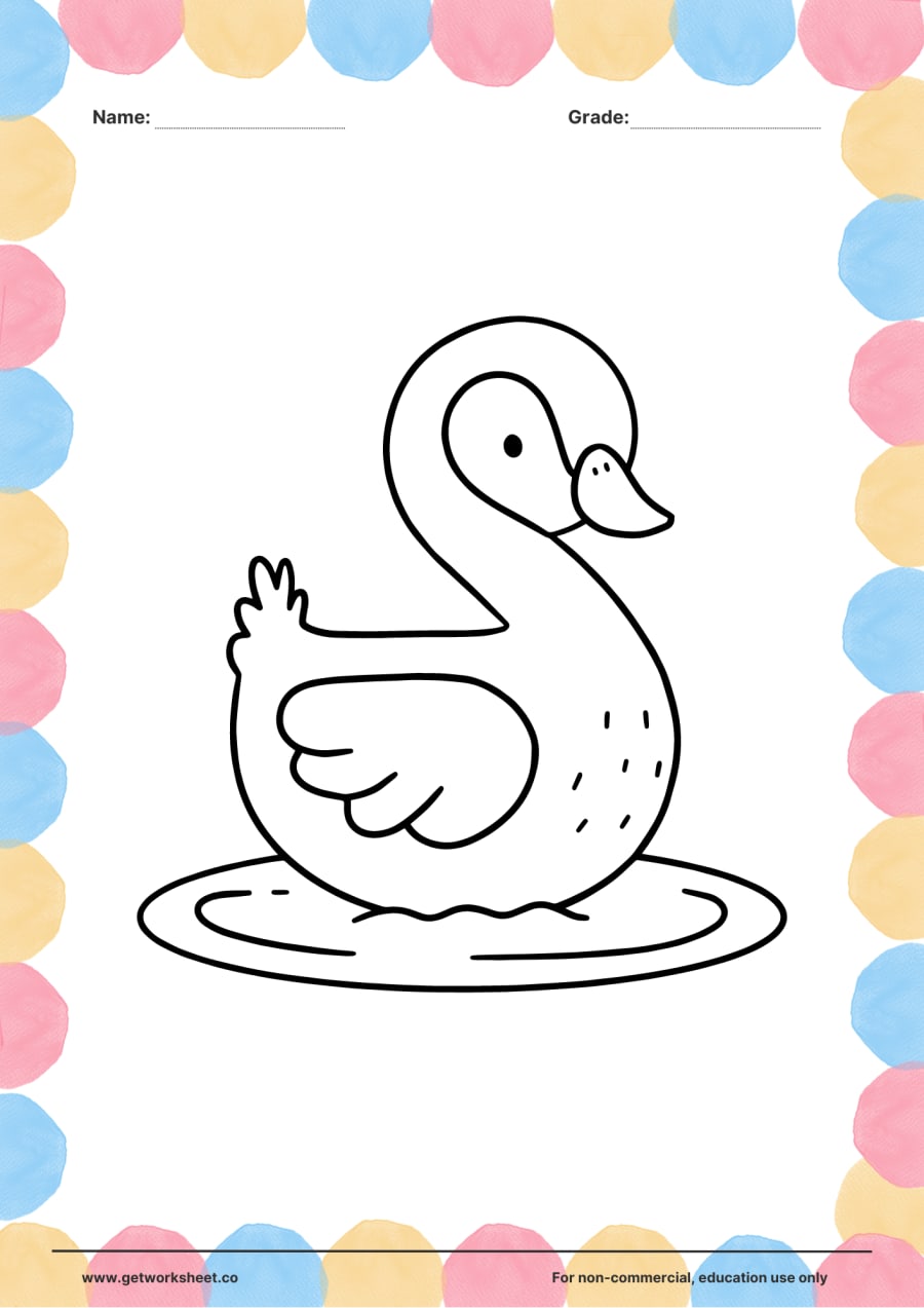 Animal coloring page: swan floating on the water – free printable PDF worksheet, page 1 preview (Free printable animal coloring pages)