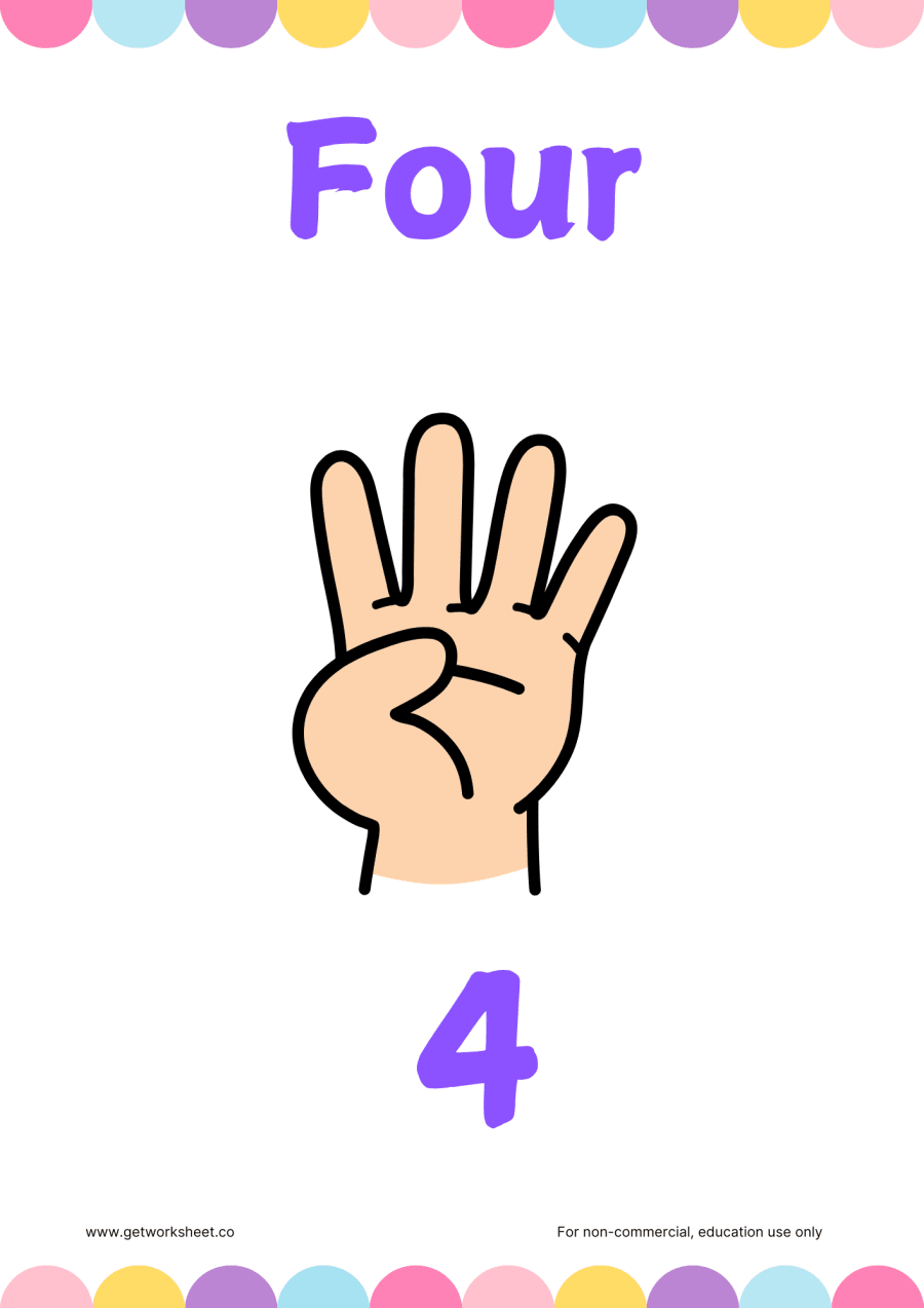 Number 4 flashcard: Four with 4 fingers held up – free printable PDF worksheet, page 1 preview (Free number flashcards)