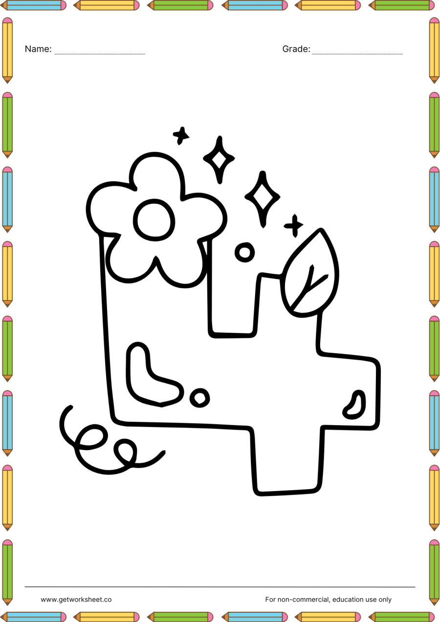 Number 4 coloring page: flower on top and swirl – free printable PDF worksheet, page 1 preview (Free printable number coloring pages)