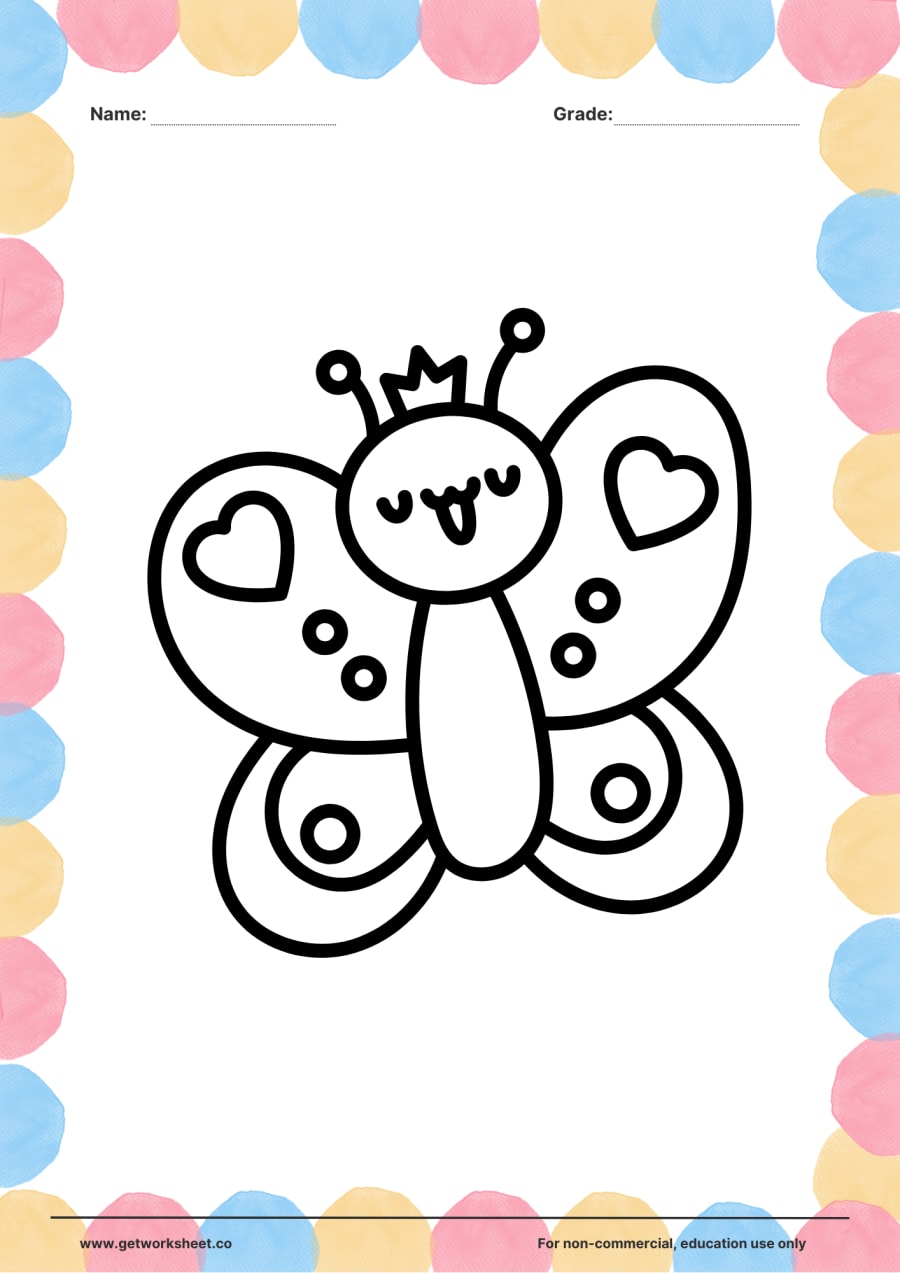 Animal coloring page: butterfly with heart wings and crown – free printable PDF worksheet, page 1 preview (Free printable animal coloring pages)