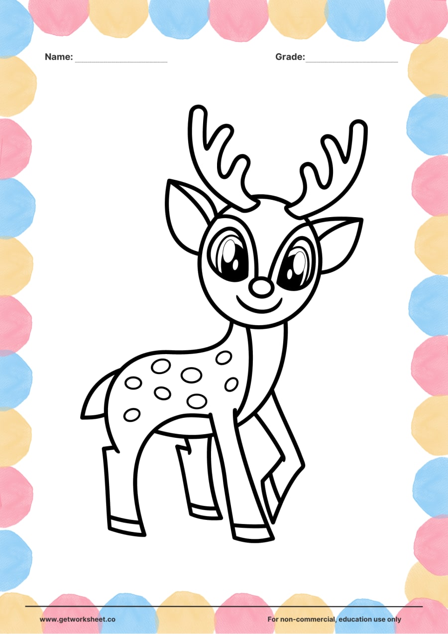 Animal coloring page: spotted fawn with antlers – free printable PDF worksheet, page 1 preview (Free printable animal coloring pages)