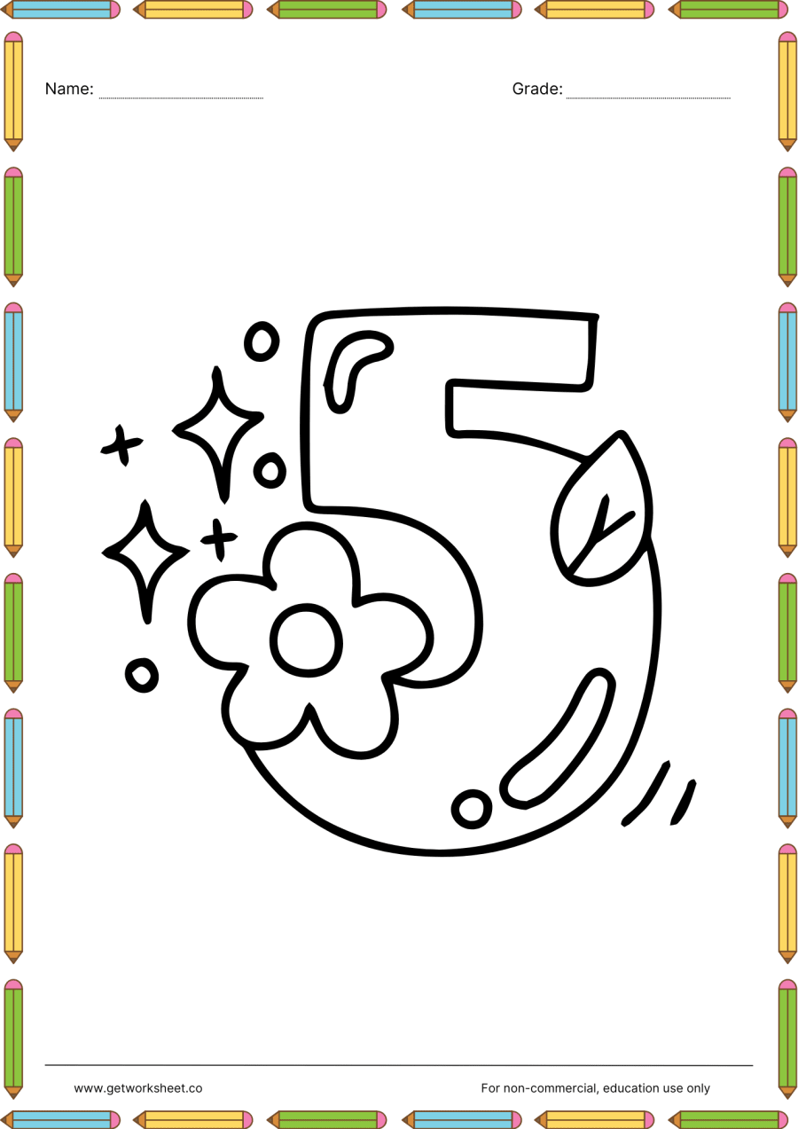 Number 5 coloring page: flower on the curve – free printable PDF worksheet, page 1 preview (Free printable number coloring pages)