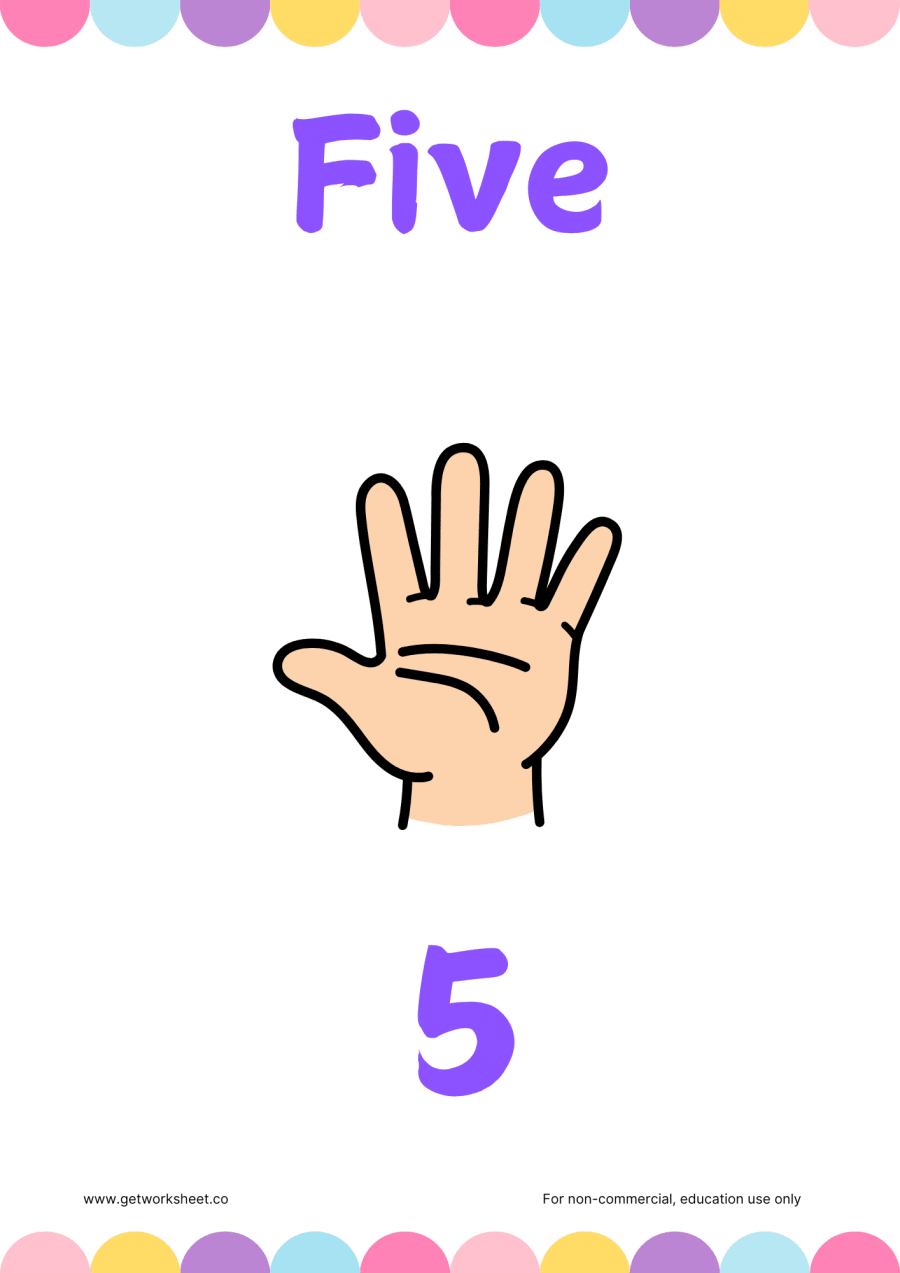 Number 5 flashcard: Five with 5 fingers held up – free printable PDF worksheet, page 1 preview (Free number flashcards)