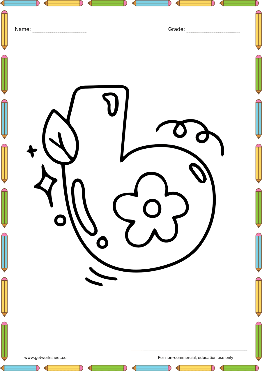Number 6 coloring page: flower inside the loop – free printable PDF worksheet, page 1 preview (Free printable number coloring pages)