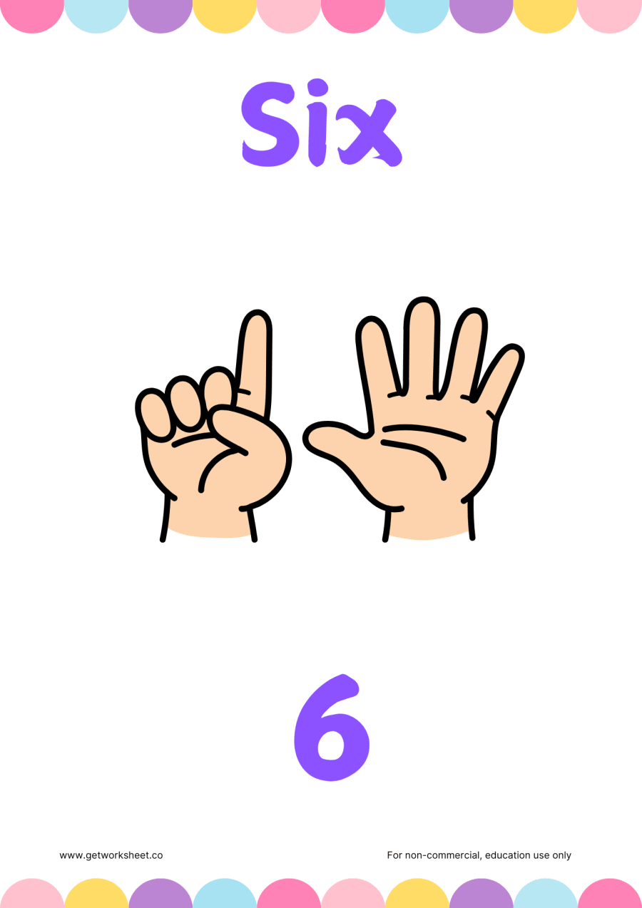 Number 6 flashcard: Six with 6 fingers held up – free printable PDF worksheet, page 1 preview (Free number flashcards)