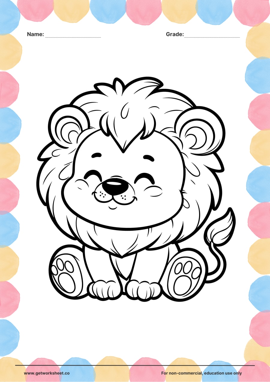 Animal coloring page: smiling lion cub with full mane – free printable PDF worksheet, page 1 preview (Free printable animal coloring pages)
