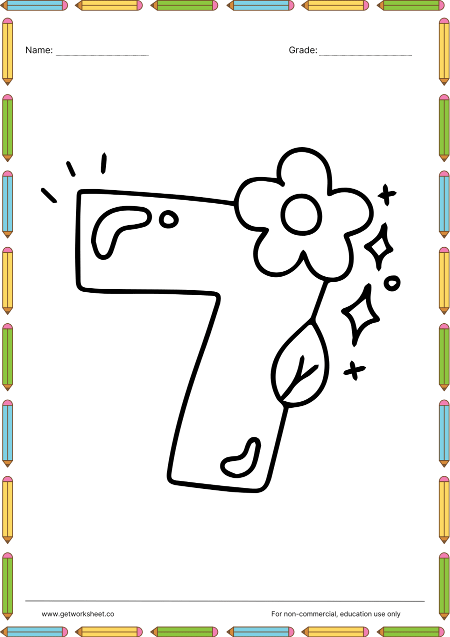 Number 7 coloring page: flower and leaf on the stem – free printable PDF worksheet, page 1 preview (Free printable number coloring pages)