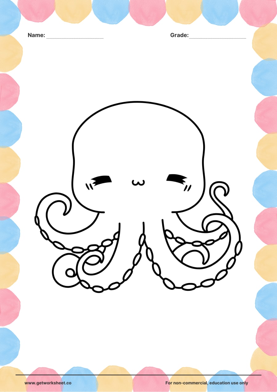 Animal coloring page: octopus with curling tentacles – free printable PDF worksheet, page 1 preview (Free printable animal coloring pages)